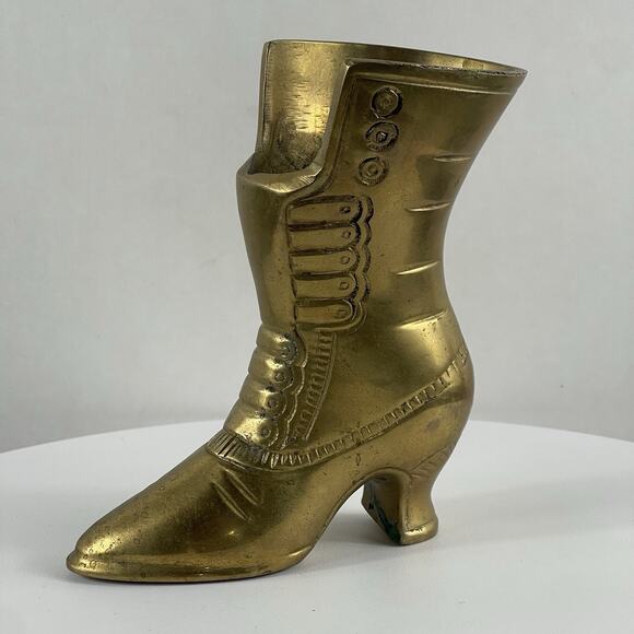 Vtg Brass Ladys Victorian Lace Up Boot Shoe Vase Home Decor 5” - Picture 1 of 9